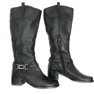 Circa Joan David Leather Tall Riding Boot Black Low block Heel Silver Accent 6.5